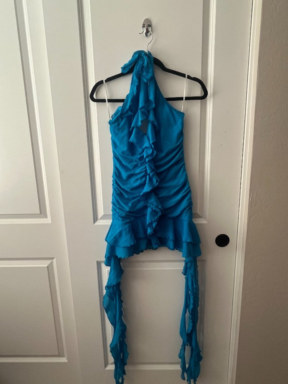 Turquoise Blue Halter Mini Dress Ruched Ruffle Asymmetrical Y2K Party Dress